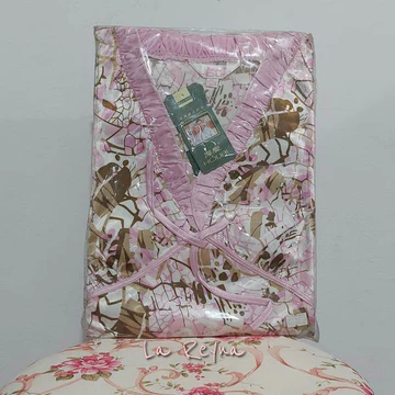 Piyama Lengan Panjang Satin Halus Model V Neck Flower PY001