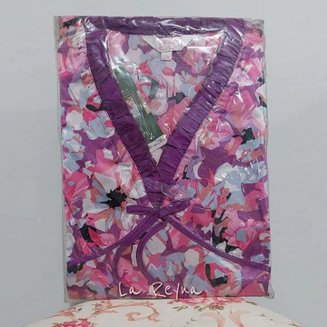 Piyama Lengan Panjang Satin Halus Model V Neck Flower PY001