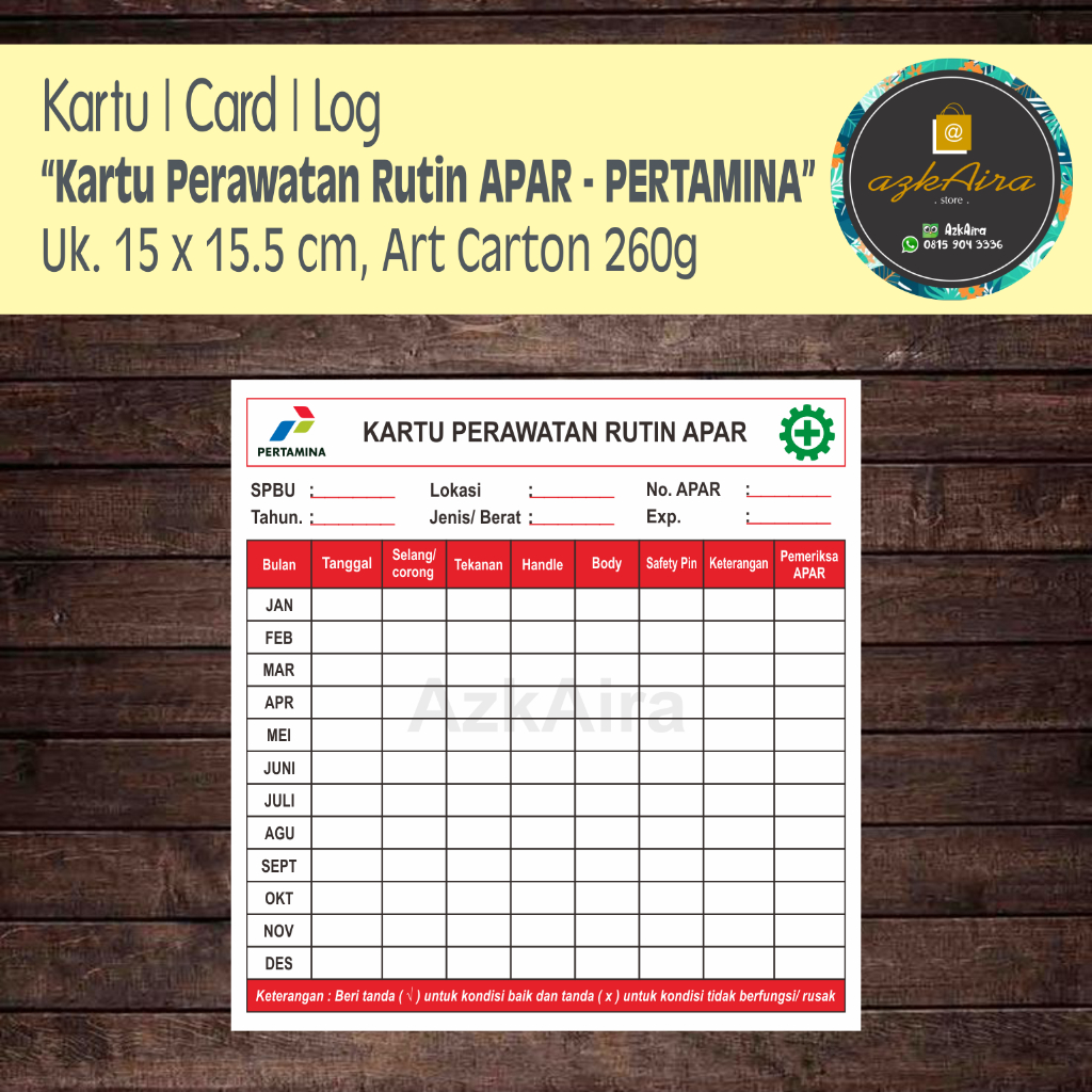 Jual Kartu Checklist Ceklis Log Perawatan Rutin APAR | Pertamina - Uk ...