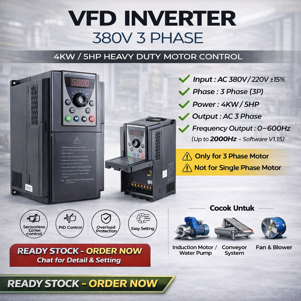 Jual Inverter VFD 380V 3 Phase 4KW 5HP Pengatur Kecepatan Motor ...
