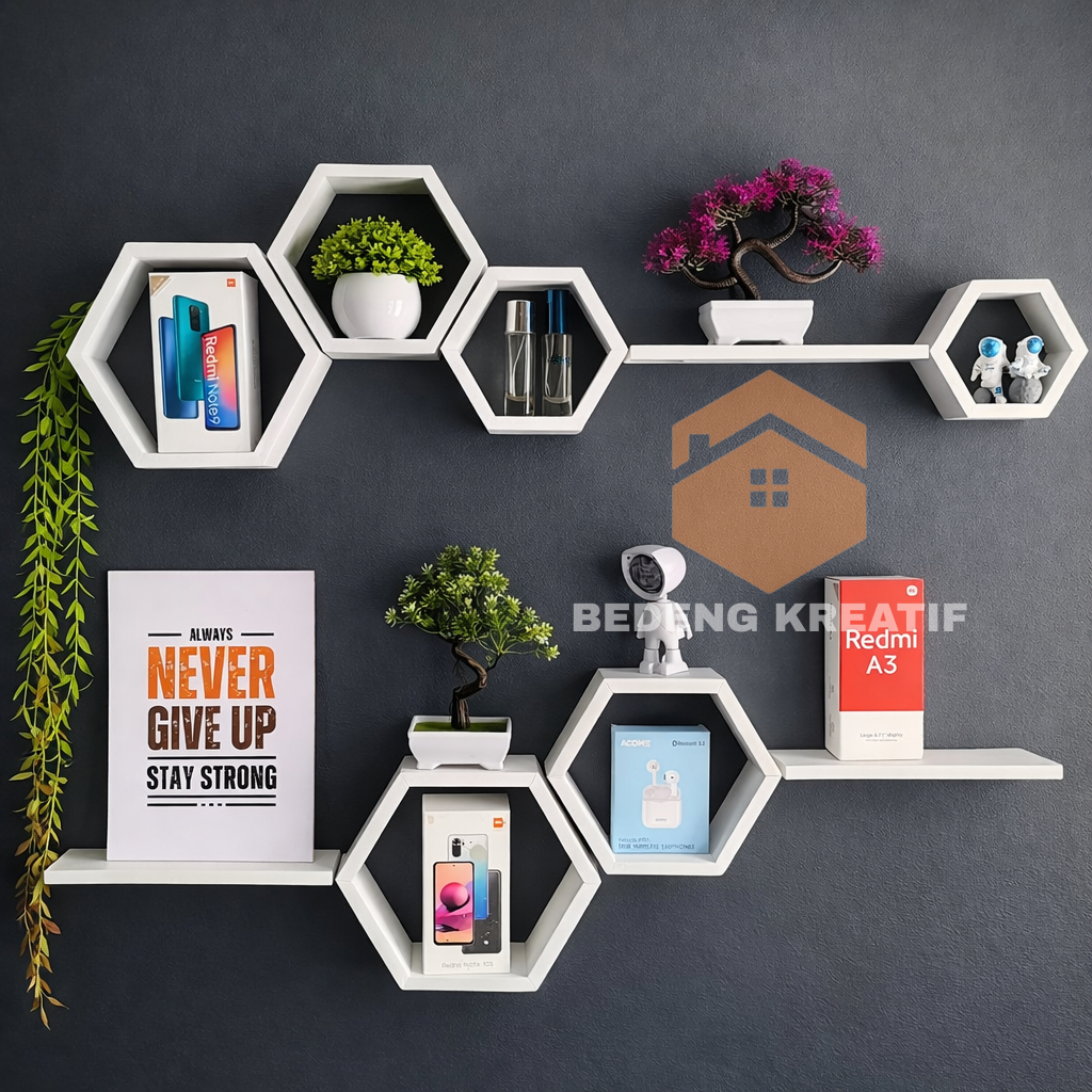 hiasan dinding kamar esthetic rak hexagonal 1 set ambalan ruangan tamu hexsagonal tanpa bor