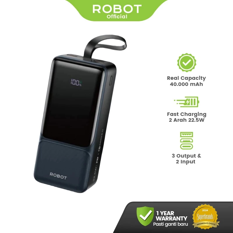 ROBOT Powerbank Fast Charging Kapasitas 40.000mAh , Bisa Charge 3 Device Bersamaan Dual Port Tipe-C USB Micro Input 3 Output USB-A Indikator Digital LED Original -RT40