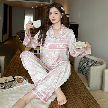 2026 Piyama Korea Style Wanita Longgar Nyaman One Set Piyama Satin Wanita Motif Tinta Premium