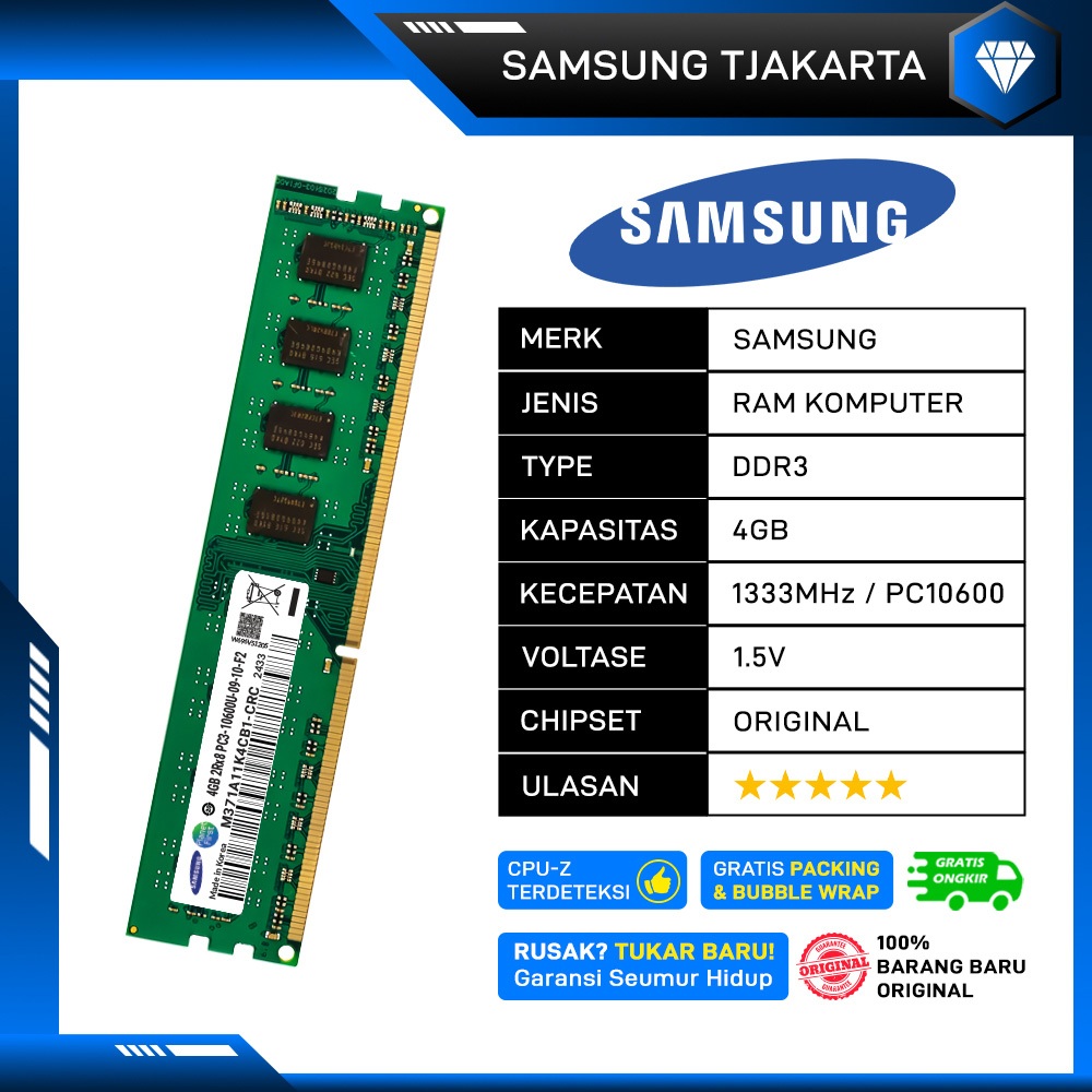Jual RAM PC SAMSUNG DDR3 4GB 1333MHz PC 10600 1.5v ORI RAM KOMPUTER ...