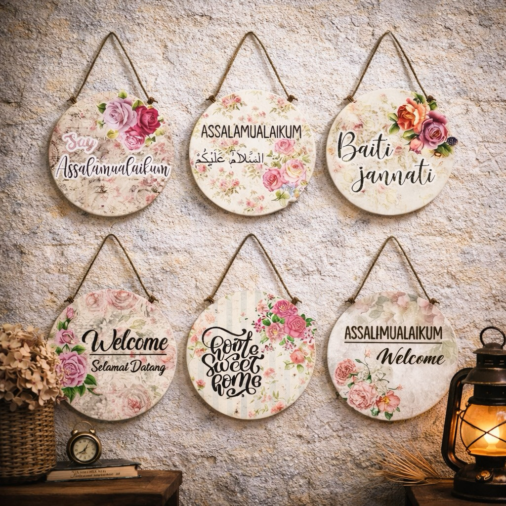 Hiasan Pajangan Dinding Walldecor Poster Kayu Round Shabby Welcome Assalamualaikum Home Sweet Home