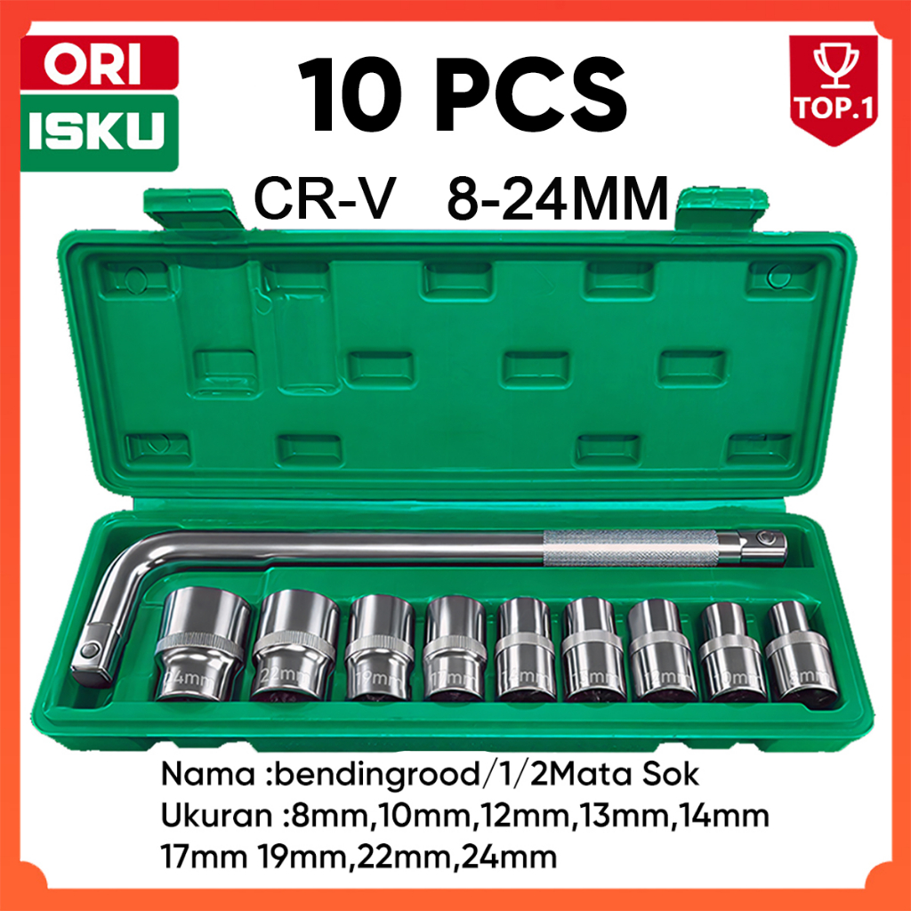 ISKU Kunci Sok Set 10 Pcs Gagang L 1/2 Inch 8-24mm Baja CR-V Asli Kunci Shock Socket Wrench Alat Bengkel Motor Mobil Buka Baut Karat Torsi Besar Anti Slek Dol Karat Presisi 6PT Hard Case Box Tebal Heavy Duty Original BISA COD
