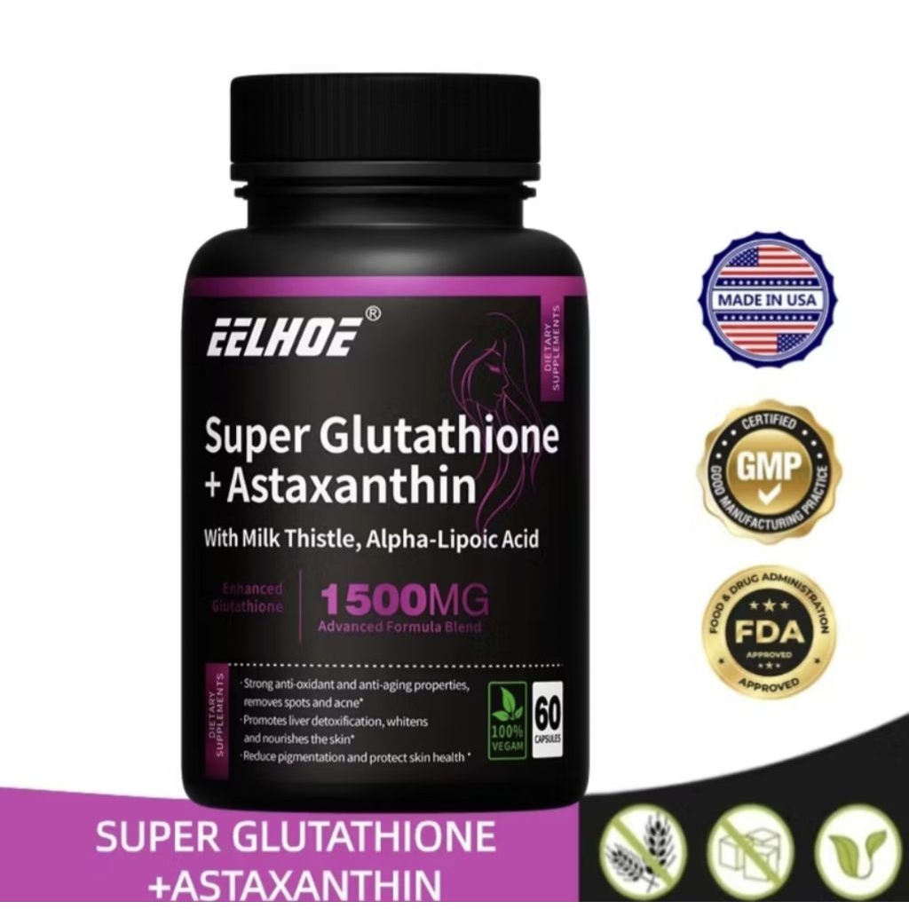 eelhoe super glutathione astaxanthin Jual ELLHOE Super Glutathione + Astaxanthin 1500mg | Suplemen Anti Aging |  Kulit Cerah & Sehat | 60 Kapsul