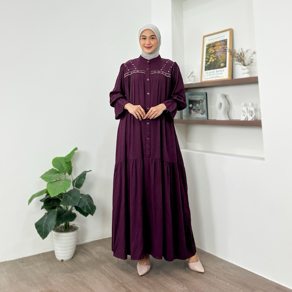 Arni Busana-Alana Gamis Abaya Bordir Rayon Twill Super Adem Lengan Lonceng Full Kancing Gamis Susun Muslim Wanita Dress Panjang Dewasa Nyaman