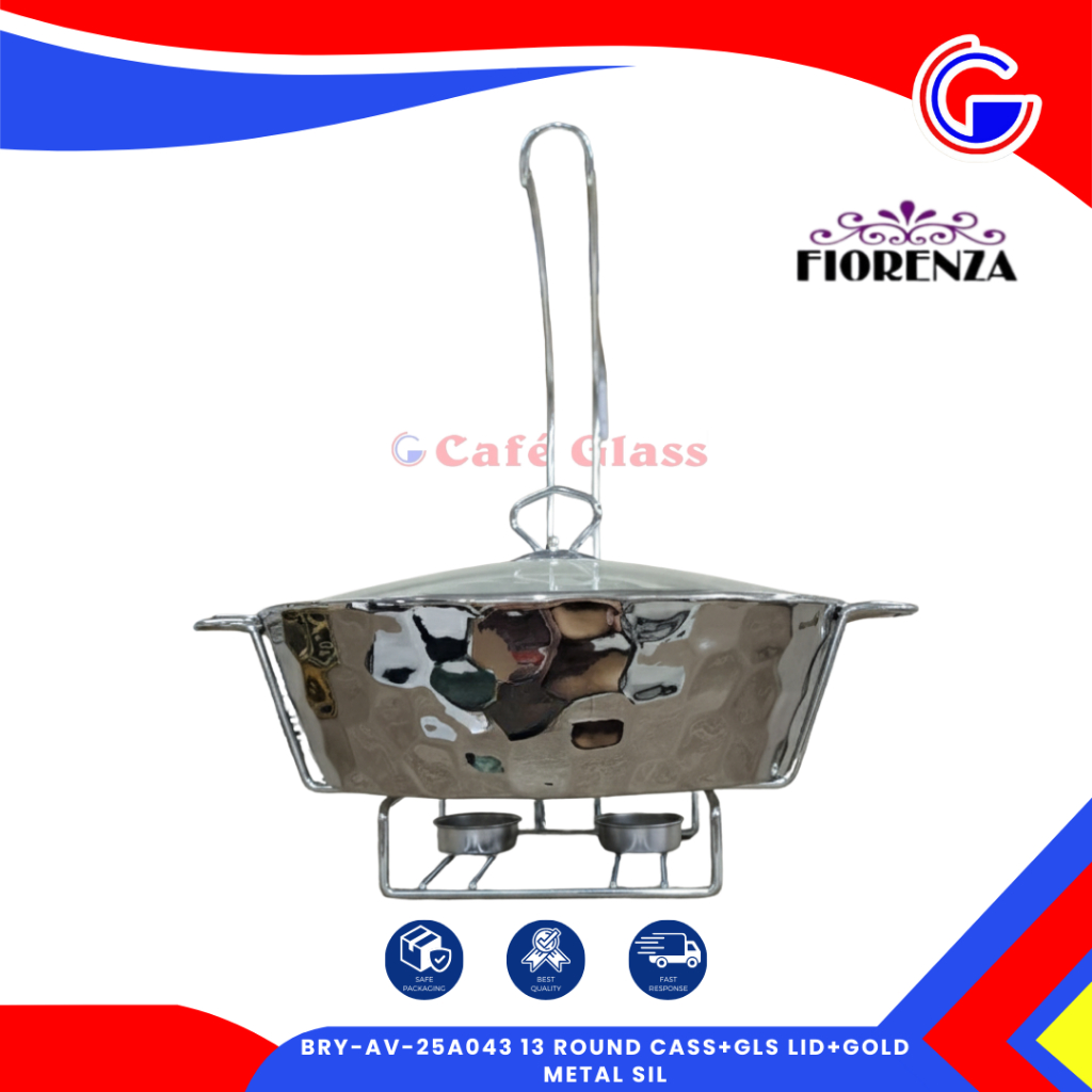 Fiorenza 712C Wadah Saji Keramik SIlver Metallic Bulat - Pemanas Makanan Lilin Prasmanan 2.2L Rak Besi Tutup Kaca Gantung