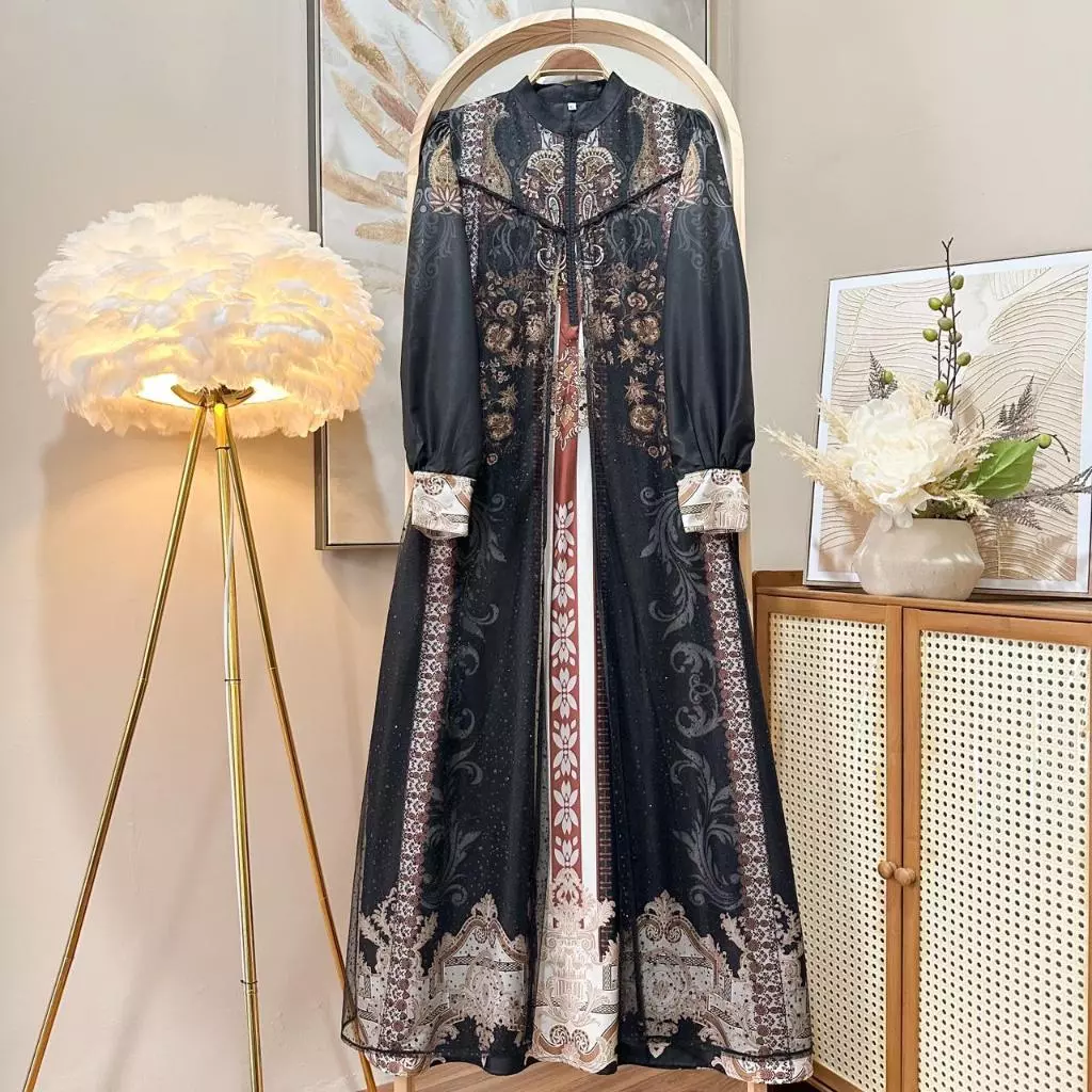 Gamis Muslim Bahan Cotton Turkey Printing Mix Tulle Sparkle Nyaman Cantik Mewah Elegant By Lunaci desain depan