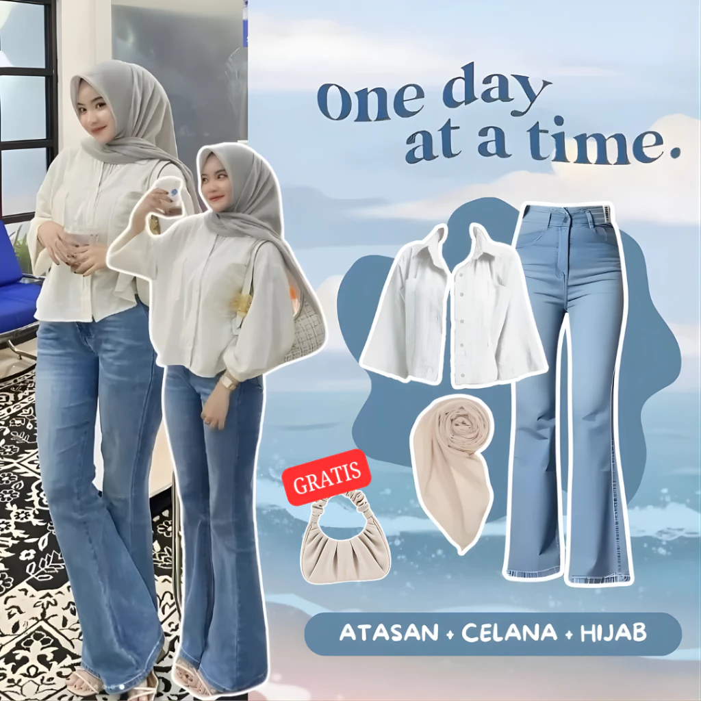 OOTD 3In1 Oneset Kemeja Crop Jeans Hijab