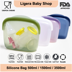 LIGERA Food Grade Silicone Pouch 3500 ML / 1500 ML / 500 ML ( Reusable , ECO Friendly) Tas Silikon Platinum Ziplock Bag Tempat Makanan Pompa Asi Pumping Serbaguna Multifungsi BPA Free Tahan Microwave Freezer Big Size Non-toxic High Grade