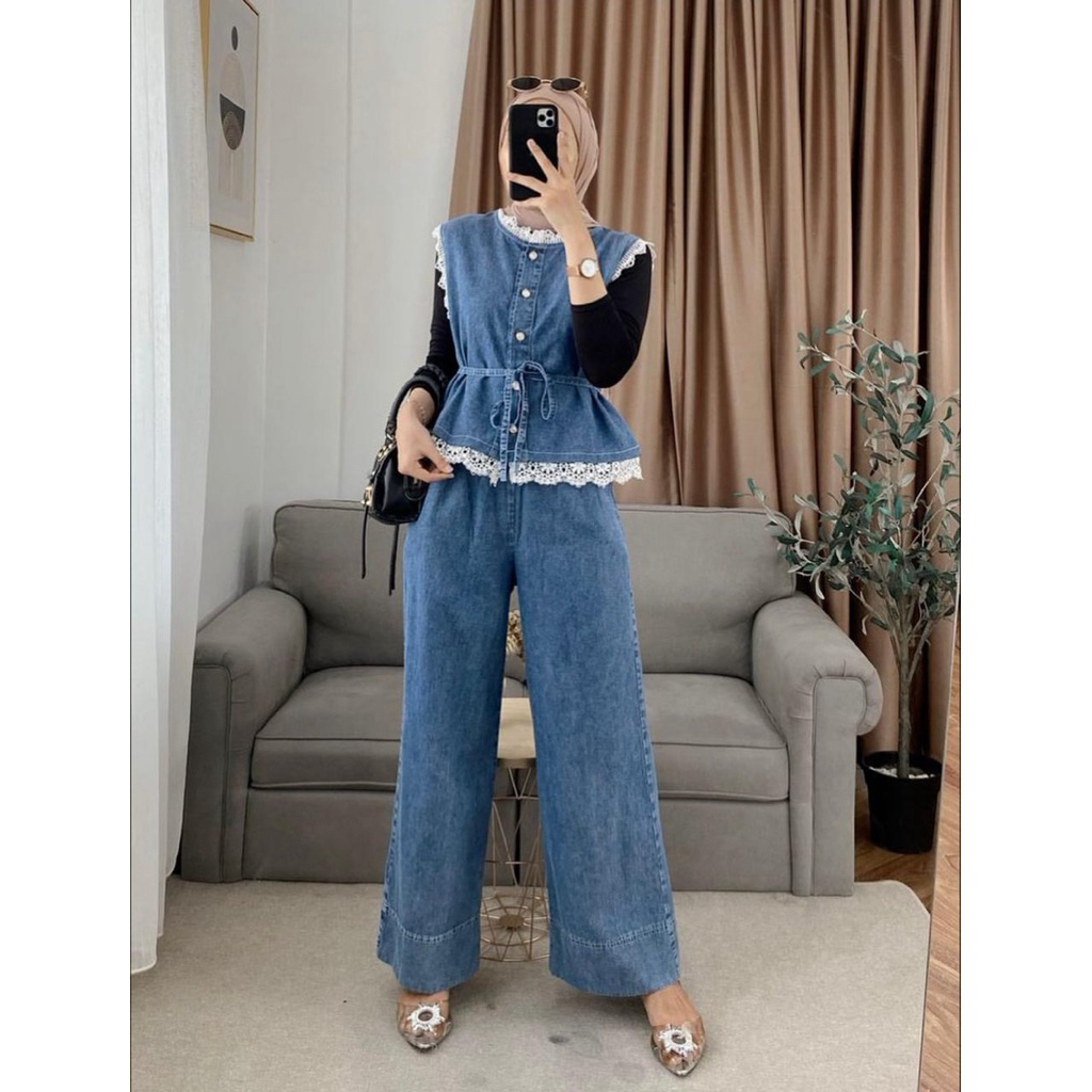 Jual Setelan Vest Jeans Wanita Denim Peplum Renda – Baju Setelan Wanita ...