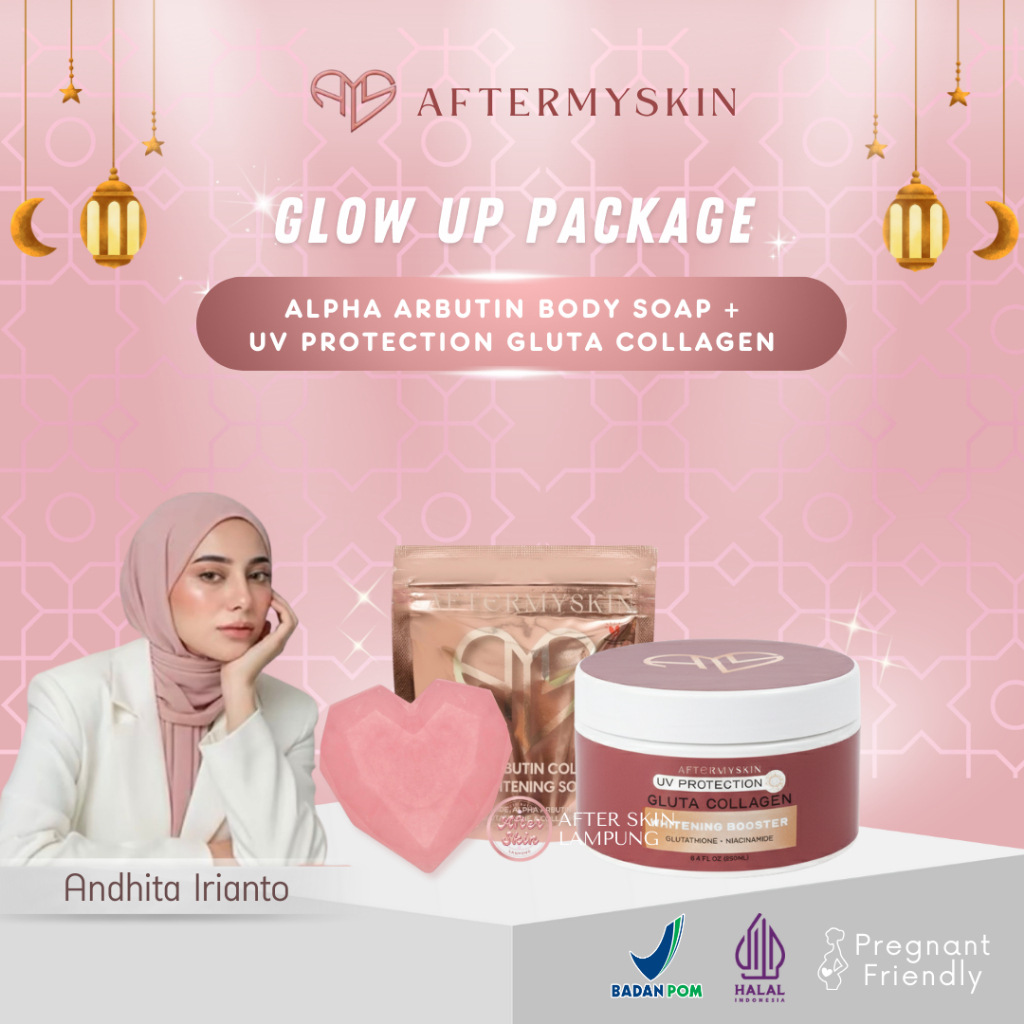 Aftermyskin Paket Glow Up : Sabun Alpha Arbutin + UV protection Gluta Collagen Whitening Booster
