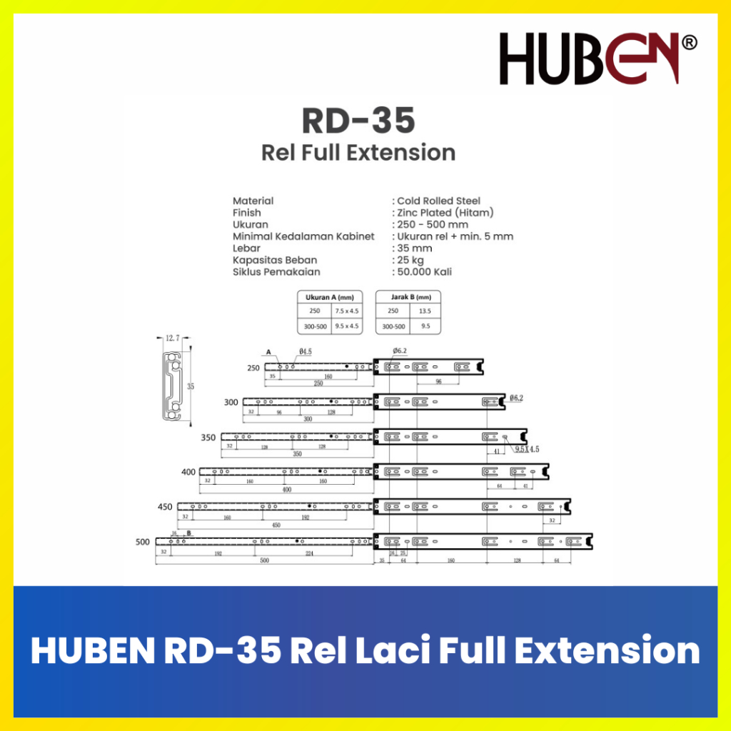 Jual Huben RD35 Rel Laci Lemari Full Extension Steel Ball Slide Murah ...