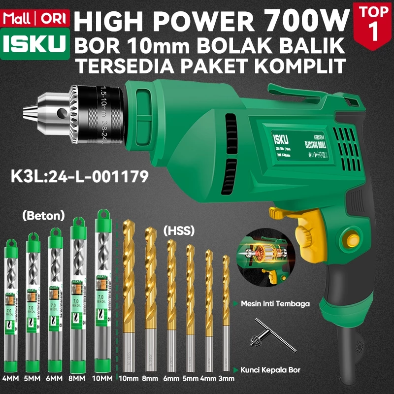 ISKU Mesin Bor Listrik 10mm 700W Bor Tangan Bolak Balik Variable Speed Electric Drill Set Mata Bor Komplit Impact Drill 13mm Mesin Bor Tembok Beton Besi Kayu Baja Ringan Motor Tembaga Alat Pertukangan Perkakas Tukang Heavy Duty - foto 1