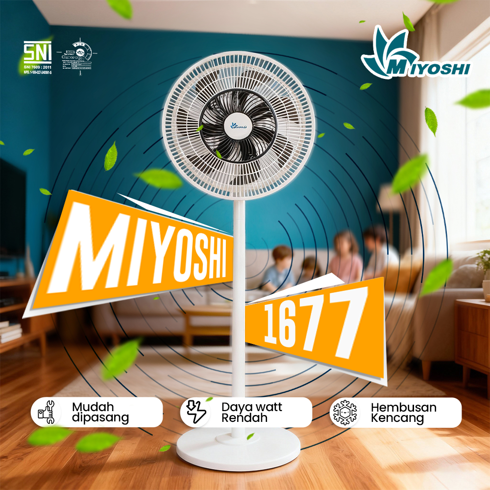 MIYOSHI-Kipas Angin Berdiri 16 Inch Stand Fan 2 Tiang Estetik Putih Modern Cocok untuk Ruang Tamu
