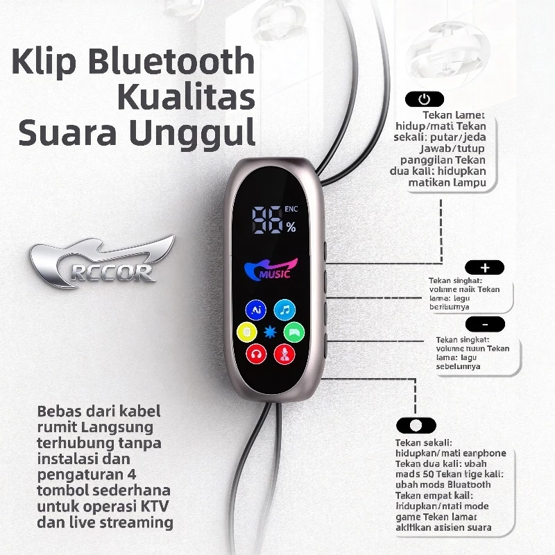 RCCOR Earphone Clip Bluetooth dengan layar penampil baterai dan desain jepit nyaman