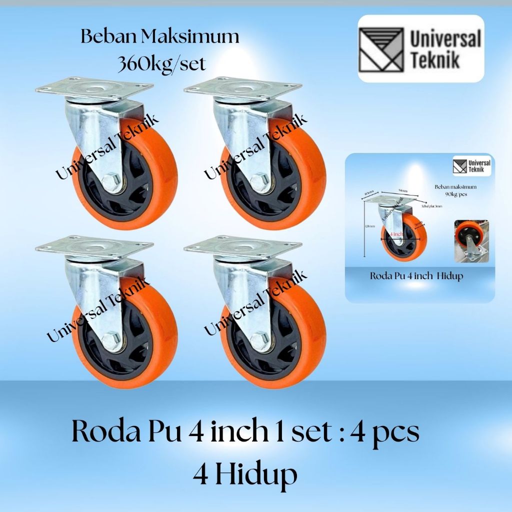 Jual Roda PU 4 inch Troly Caster 1 set : 4pcs ( 4 Hidup ) Double ...