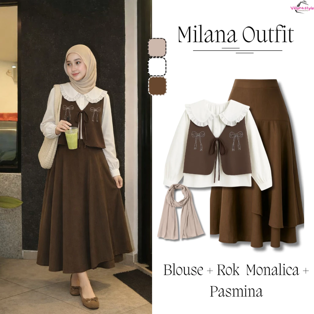Setelan Hijab Remaja 3in1 Blouse Rok Pasmina