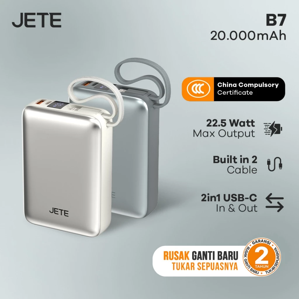 JETE B7 Powerbank 20000mah Fast Charging 22,5W Dual Built-in Cable Garansi 2 Tahun