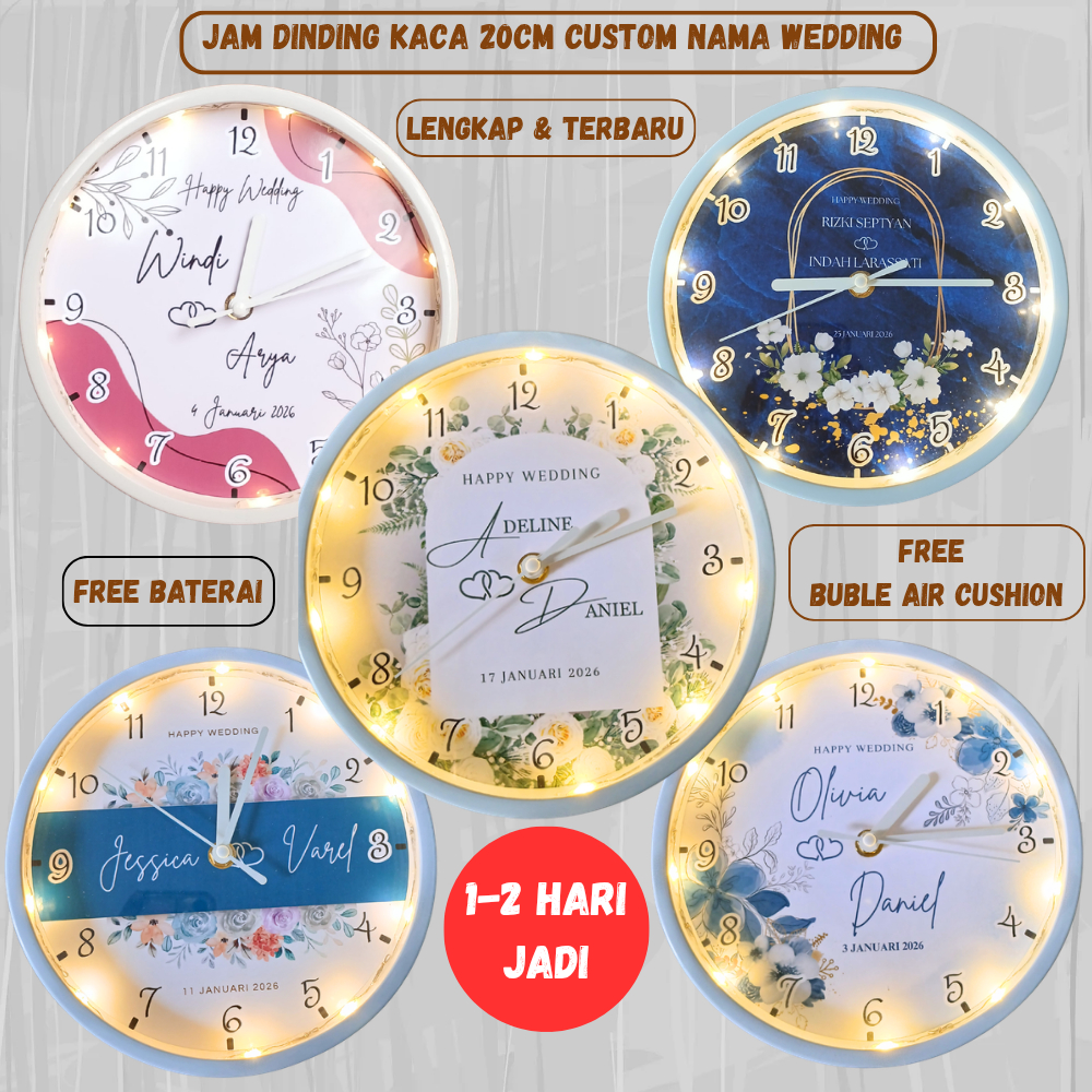 JAM DINDING KACA20CM CUSTOM NAMA|HADIAH PERNIKAHAN|HAMPERS WEDDING