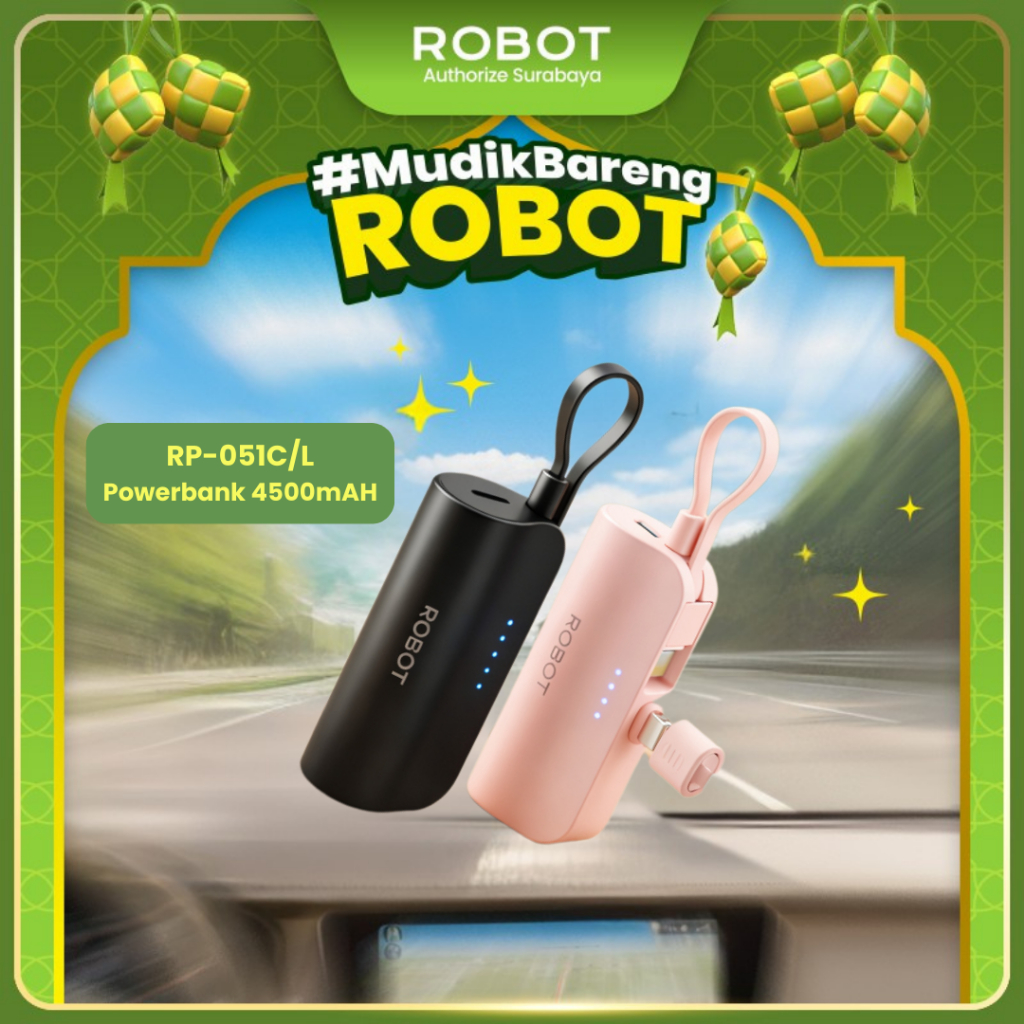 ROBOT Powerbank 4500mAh Lightning Type C Mini Portable Ada Stand Desain Terbaru Ringkas Mudah Dibawa Kabel Jadi Tali Pegangan Charging Stabil Powerbank RP051L RP051C