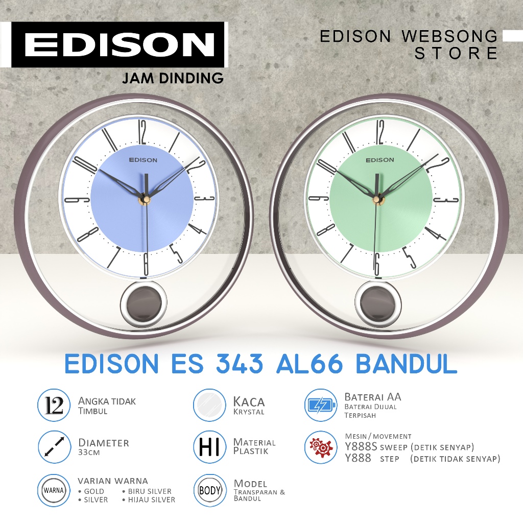 Jual Jam Dinding Edison Sweep ES EQ 343 AL66 Bandul Diameter 330mm 33cm ...