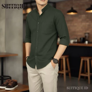 Suitique ID Kemeja Lengan Panjang Pria Cotton Pique Anti Kusut Beige Nouveau Cream Formal Casual