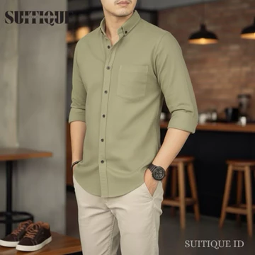 Suitique ID Kemeja Pria Lengan Panjang Cotton Pique Anti Kusut Black Rapi Seharian Formal Casual