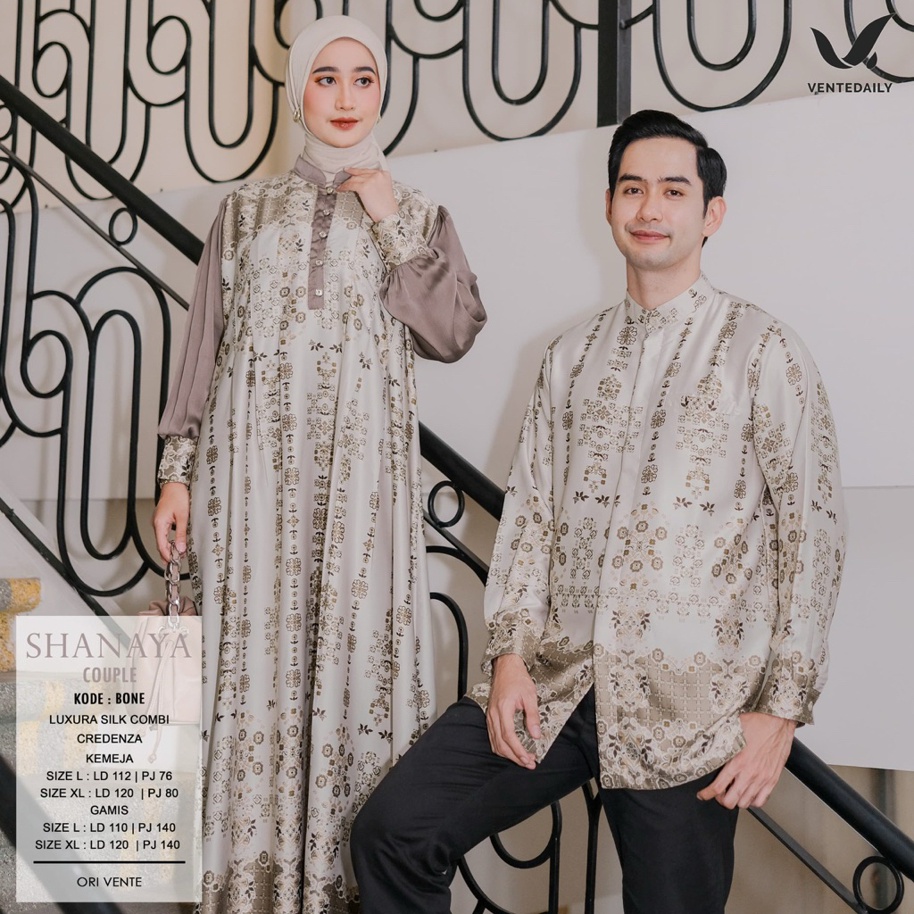 Riva Fashion Shanaya Couple Baju Couple Mewah Baju Couple Gamis dan Kemeja Bahan Silk Motif Etnik