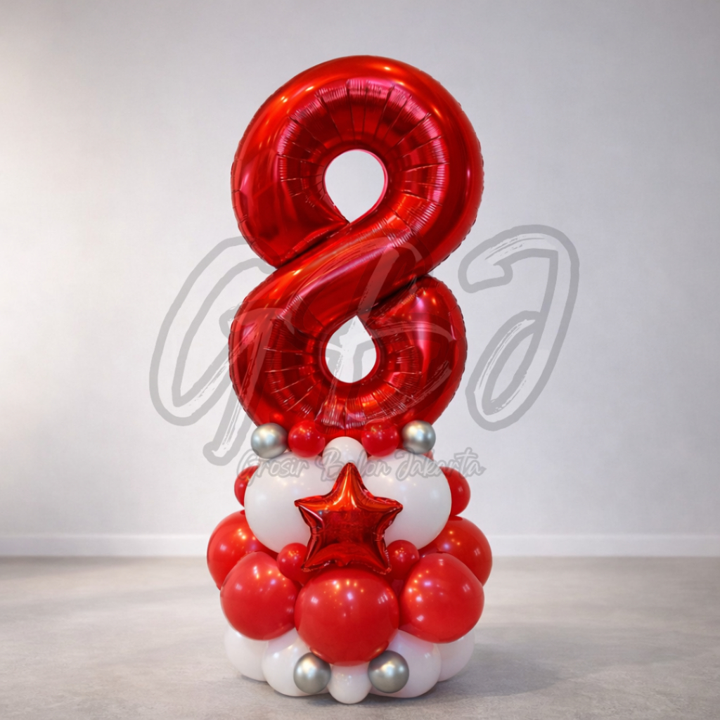 [PAKET ANGKA] - JUMBO Merah Simple Balloons Bouquet Edition / Set Angka Balon Kombinasi Star Doff Merah Putih Silver