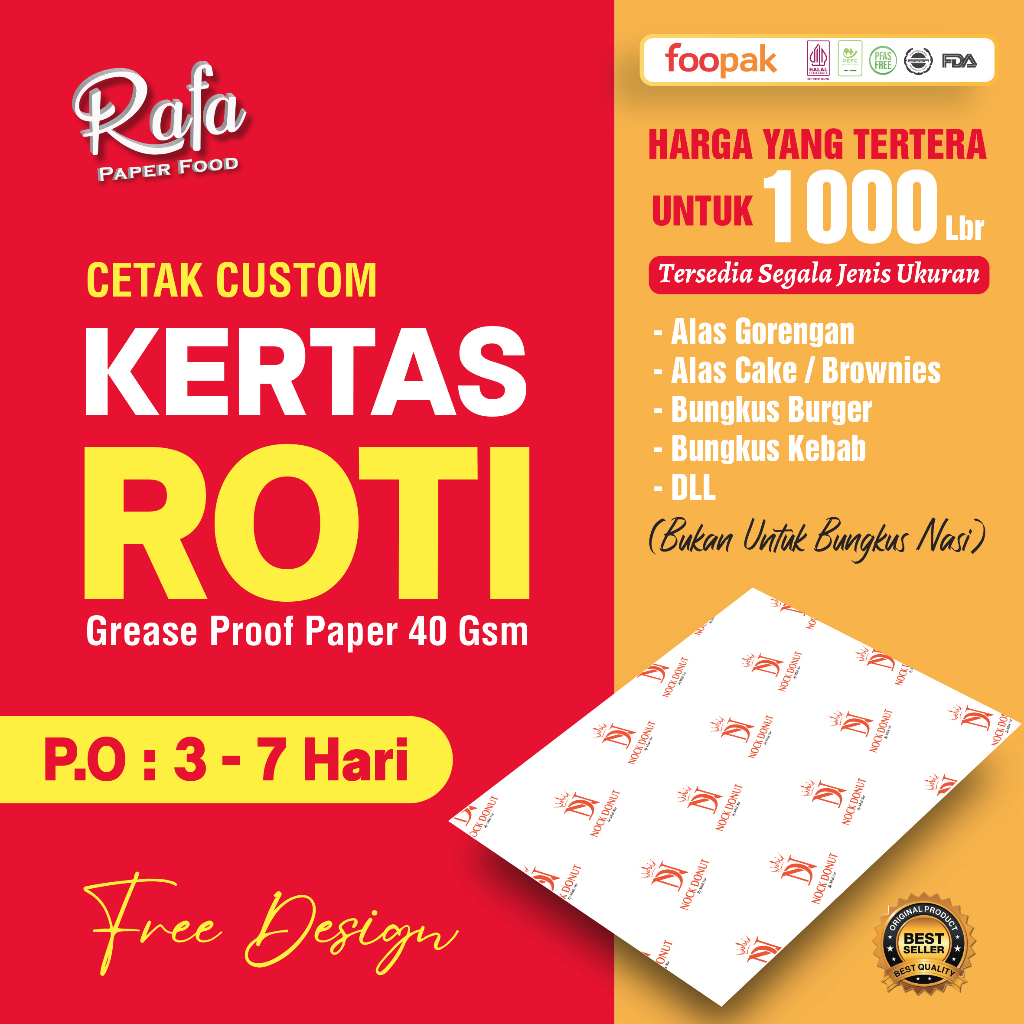 Jual CUSTOM Kertas Roti Foodgrade ( 1000 Pcs ) Wax Paper / Paper Grease ...