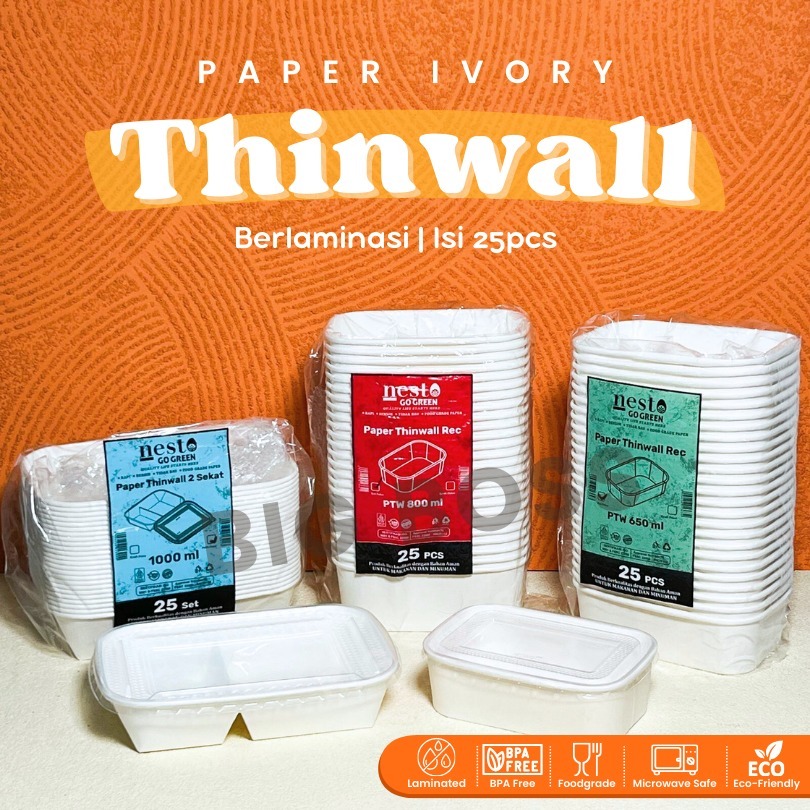 [ISI 25PCS] Paper Thinwall  Rectangle Container Ivory Putih Laminasi 650ml 800ml +Tutup / Paper Rectangle Kotak Makan Kertas Food Grade Tebal