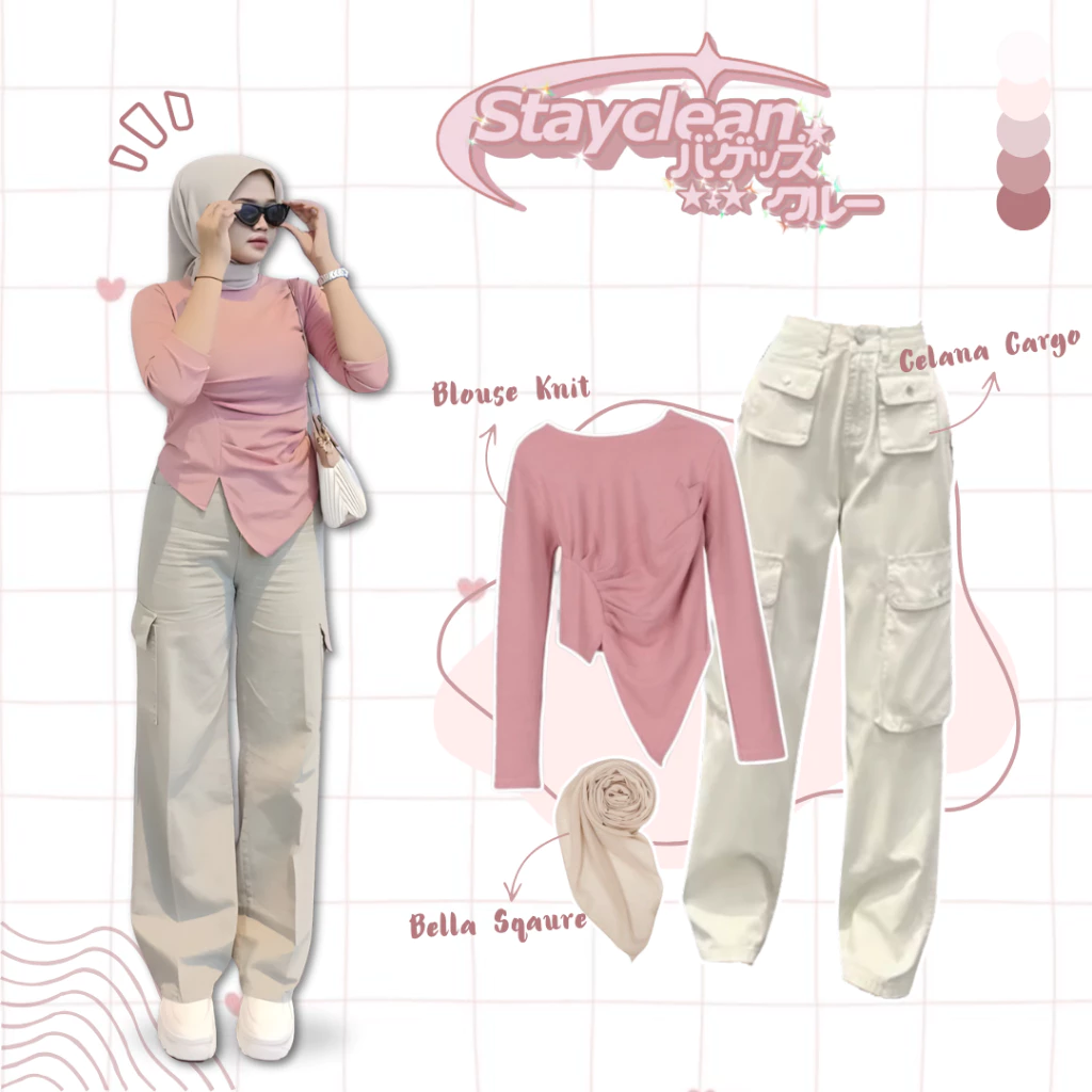 Oneset Korean Style 3in1 Wanita | Blouse Kerut Knit + Celana Cargo Premium + Hijab Bella Square | Outfit Remaja Dewasa - OOTD Kekinian - Setelan Cewek Trendy - BK184
