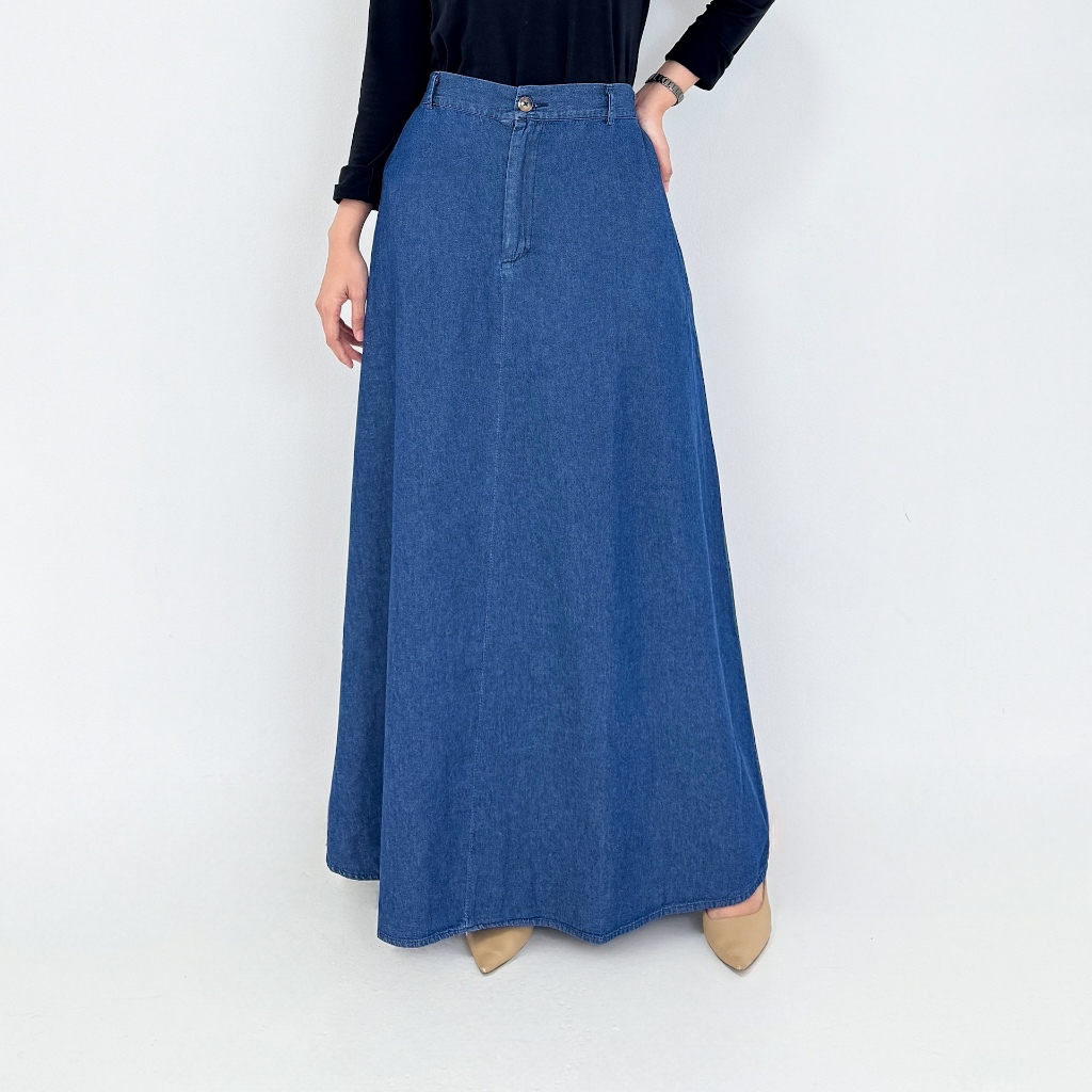 Rok Jeans Panjang Wanita Kancing Resleting Non-Stretch A-Line Panjang 103 Fit L to XL Lezahrasignature Maxi Skirt Jeans Salsabilla