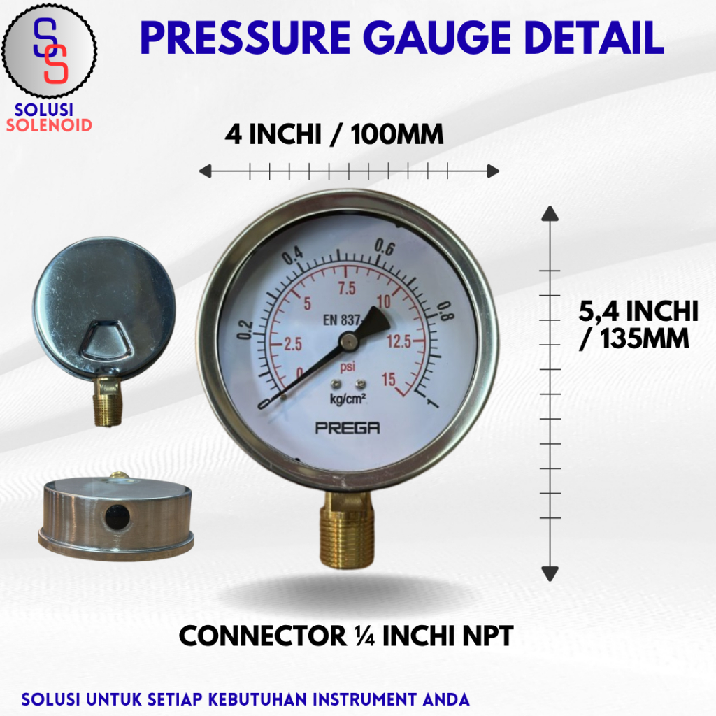 Jual PRESSURE GAUGE 4KG 4 INCHI DRAT 1/2 INCHI NPT STAINLESS STEEL ...