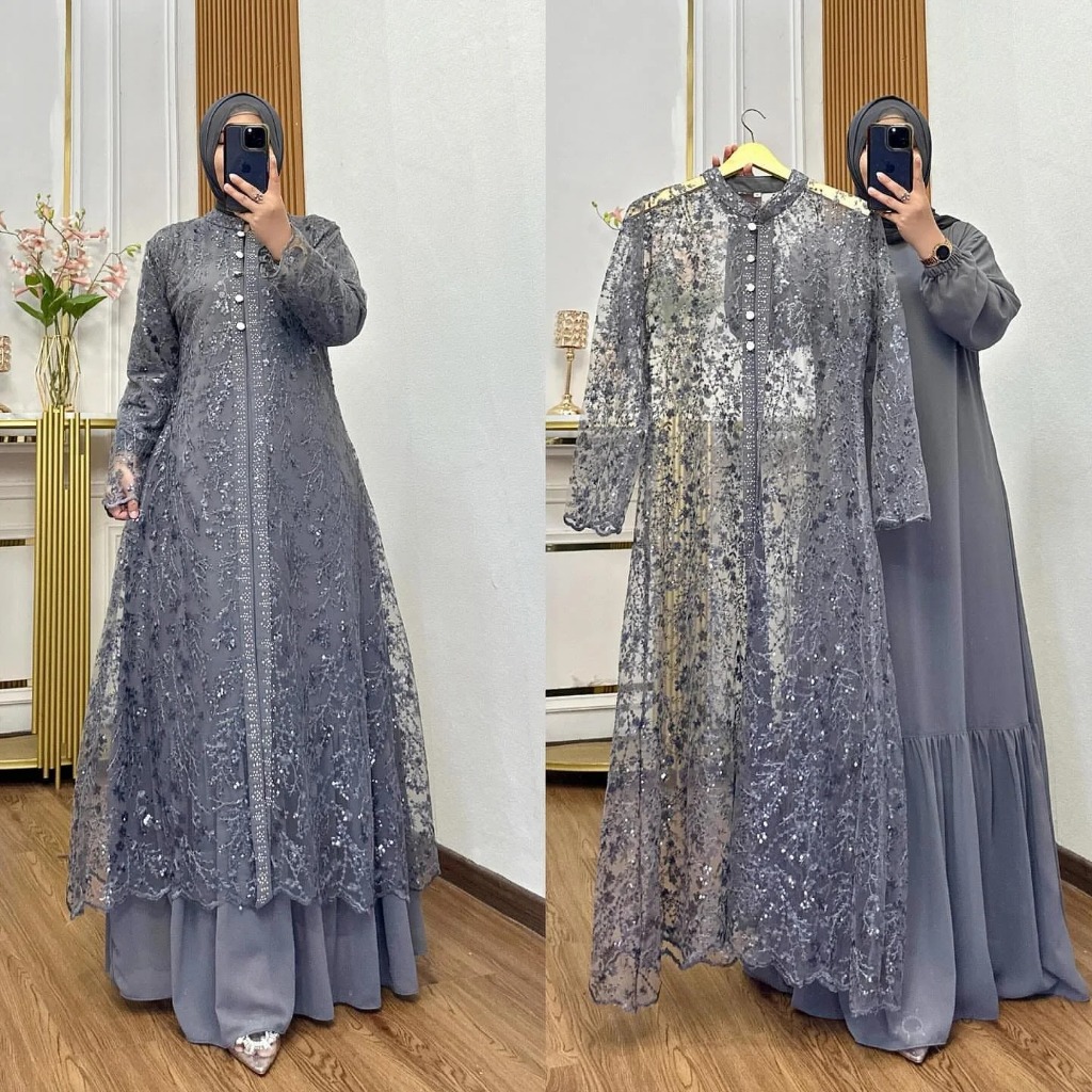 LESHIA Maxi Dress Gamis Pesta Mewah Elegan Set Outer Brokat Premium Baju Kondangan Wanita Kekinian