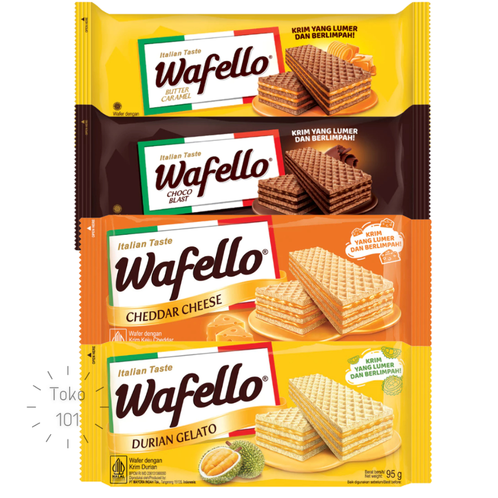 Jual Wafer Wafello Aneka Rasa 95gr Cokelat Caramel Cheese Durian ...