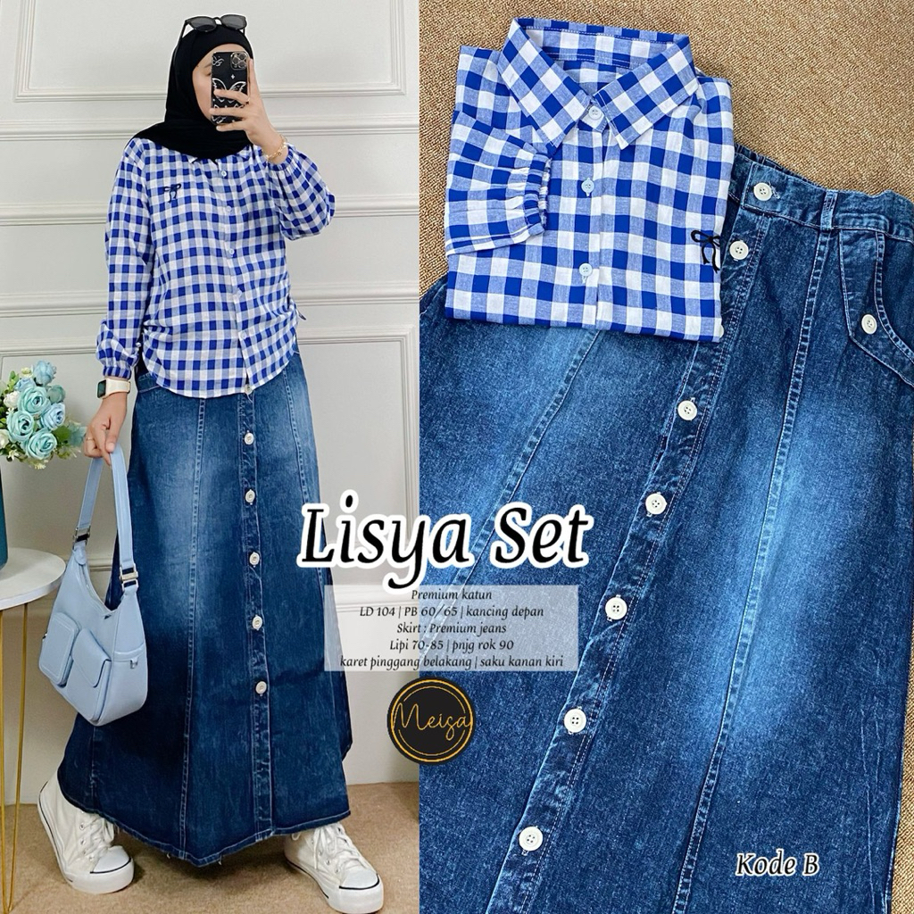 Jual setelan rok jeans plus kemeja viral stevi set rok kekinian set ...
