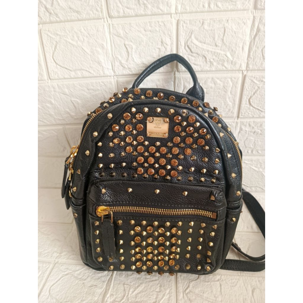 MCM Black Crystal Embellished Leather X Mini Strak Backpack
