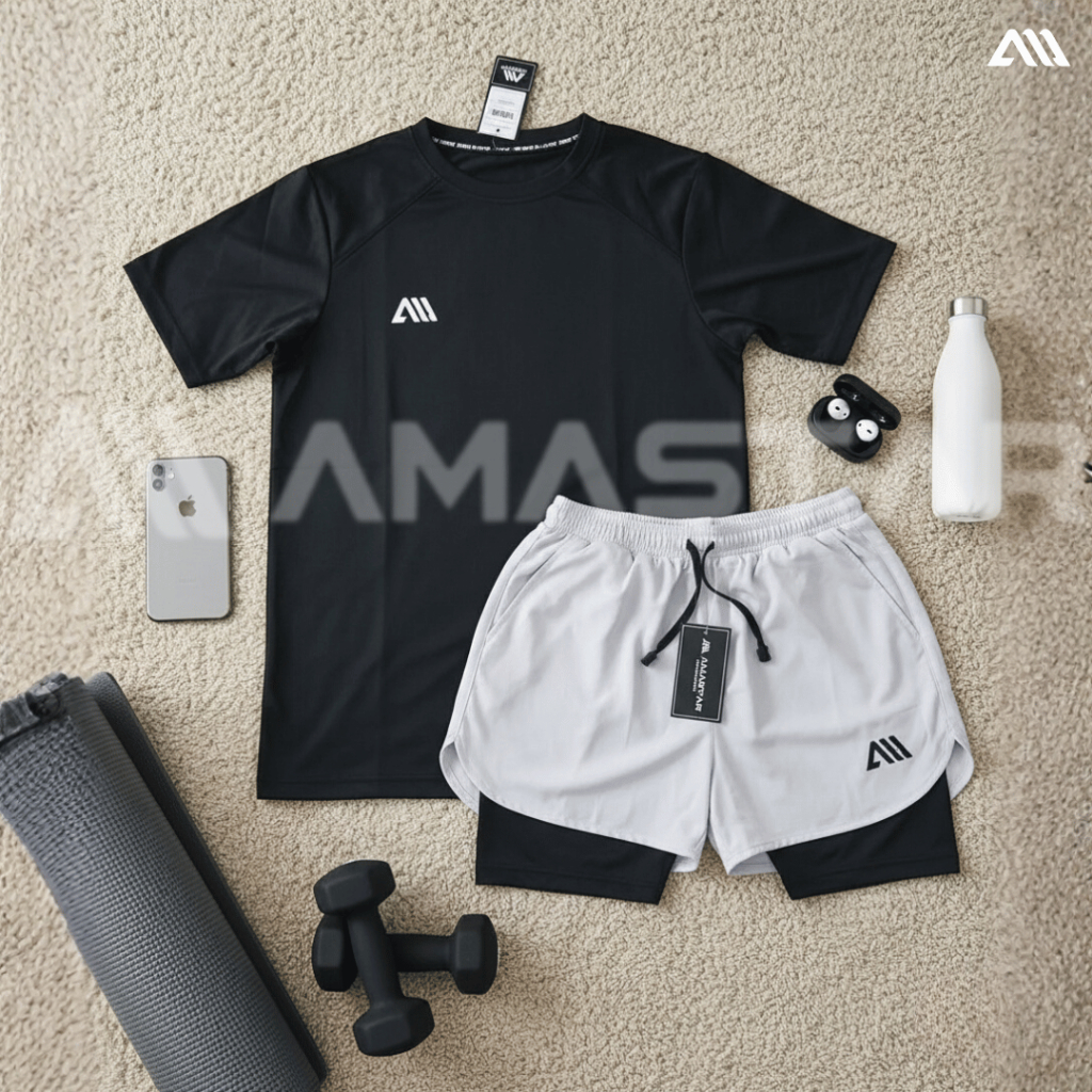 AMASTAR - 2 PCS/1set Jersey Baju basic sports Dan Celana Double short Olahraga Voli Running Fitnes pria wanita