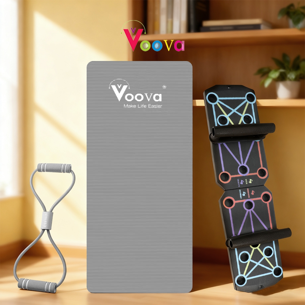 VOOVA BUNDLE OLAHRAGA LENGKAP: Matras Yoga Anti Slip Tali Yoga Elastis Pink/Ungu, dan Push Up Board Foldable - Paket Hemat untuk Meningkatkan Kualitas Latihan Yoga dan Fitness Anda!