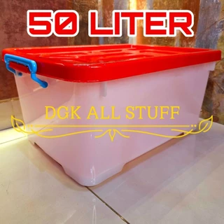 Kontainer Container Box Kotak Penyimpanan Pindahan Dokumen Buku Baju Pakaian Mainan Anak Serbaguna 50 Liter 50L 50 L Plastik Sedang Besar Tebal Kuat Kokoh Anti Pecah Dengan Roda Beroda Transparan Bening Putih Premium Estetik Aesthetic Minimalis Murah
