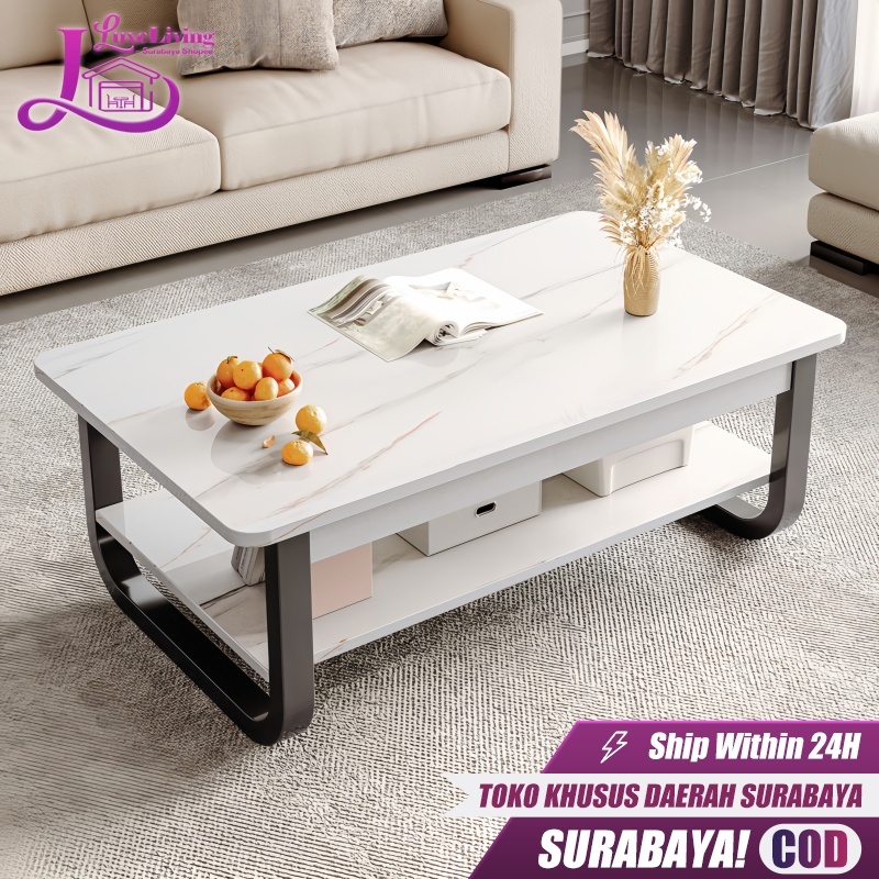 [Dikirim dari lokal Surabaya] Meja Tamu Meja Kopi Motif Marmer 2 Tingkat dengan Rak Penyimpanan Rangka Besi Ukuran 80cm 100cm 120cm untuk Ruang Tamu dan Kos