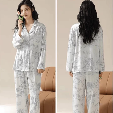 SLEEPY Baju Tidur Lengan Panjang Setelan One Set Wanita Dewasa Motif Marble Paint Elegant Bahan