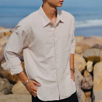 BEACHWELL Kemeja Lengan Panjang Linen Katun Angel Pria Oversized Bordir Anchor Polos Premium