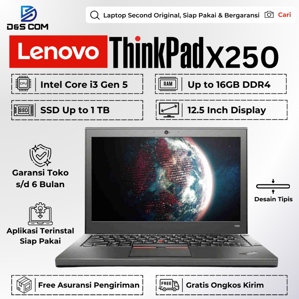 Jual Lenovo Thinkpad X250 / X260 i5 Gen 6 Ram 8GB SSD 256GB