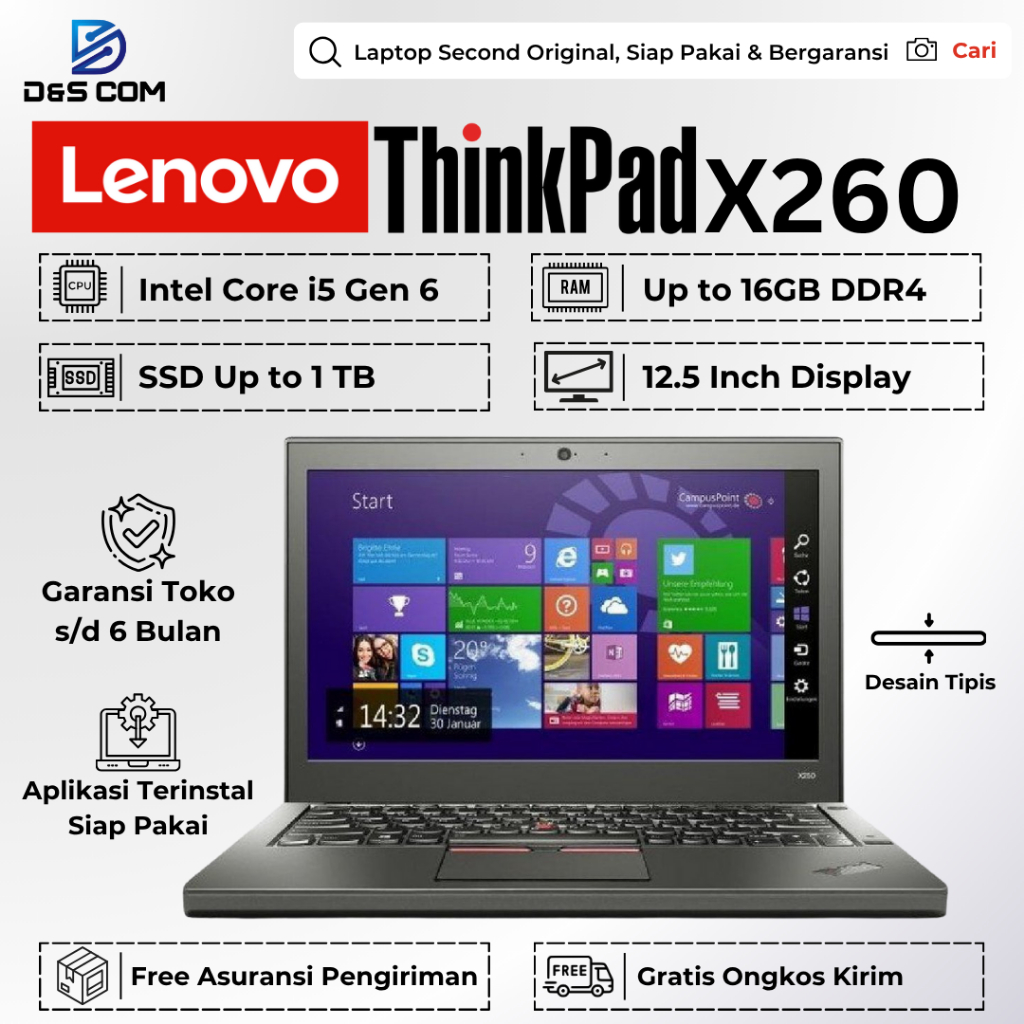 Jual Lenovo Thinkpad X250 / X260 i5 Gen 6 Ram 8GB SSD 256GB