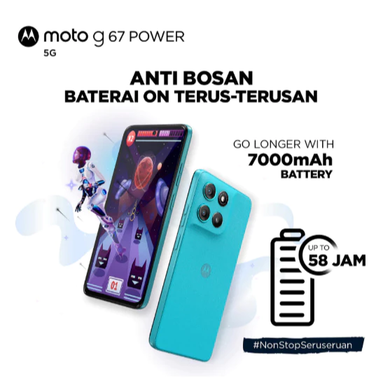 Motorola G67 Power 5G tampilan depan dengan layar menyala dan bodi Vegan Leather